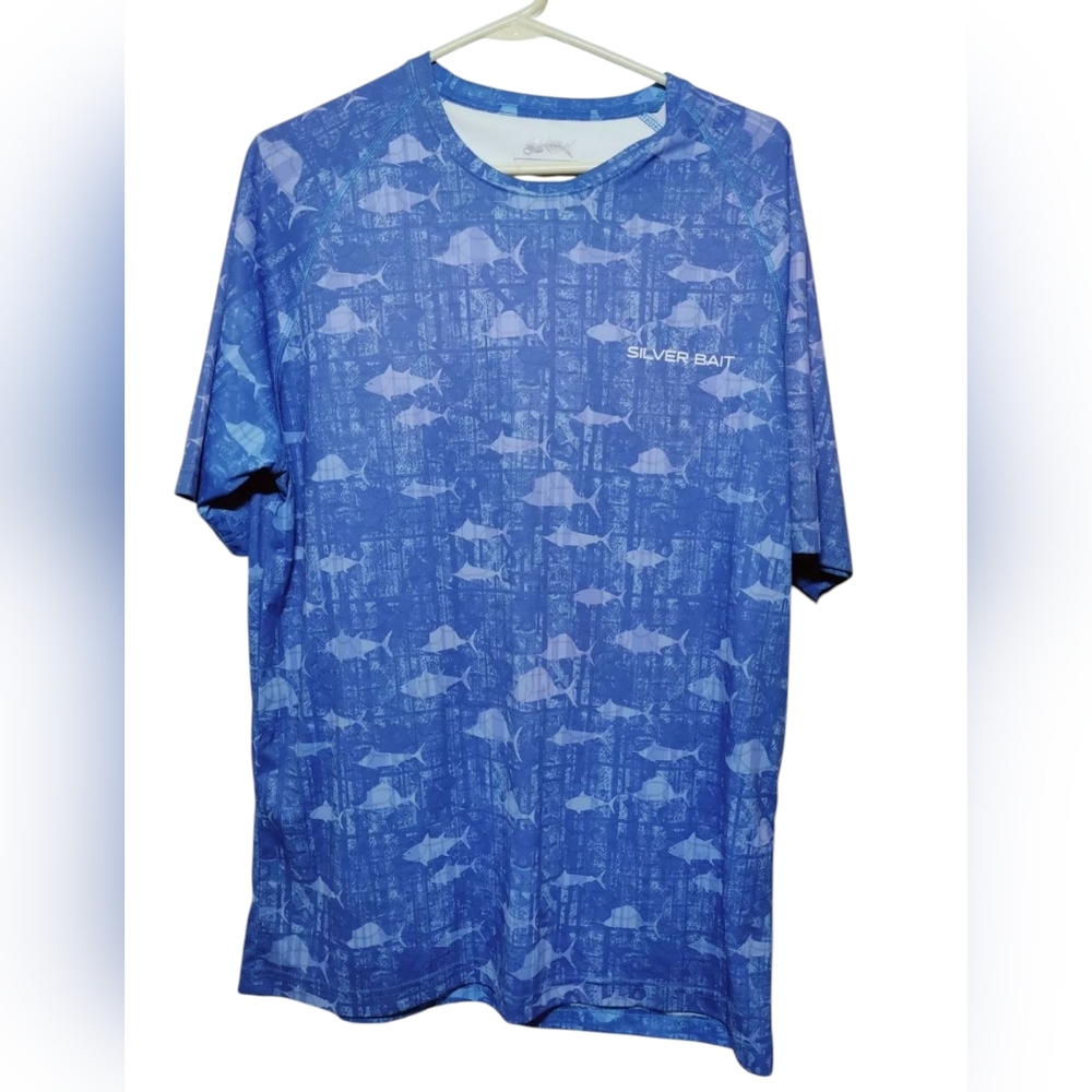 Silver Bait Fishing T-Shirt UPF 50+ Blue W Fish Print L Mens‎